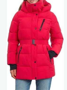Bcbg generation premium performance Women's Red Puffer Belted Coat size medium